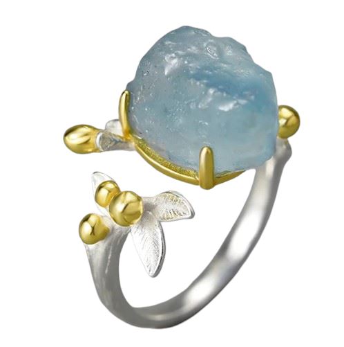 Lotus 18K Gold Natural Aquamarine Gemstone Flower Adjustable Rings