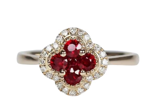 Silver Diamond Ruby Four Leaf Flower Adjustable Ring