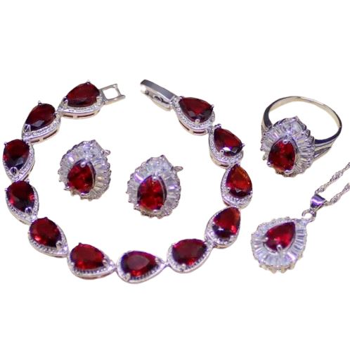 Water Drop Red Ruby White Topaz 925 Sterling Silver Jewelry Sets