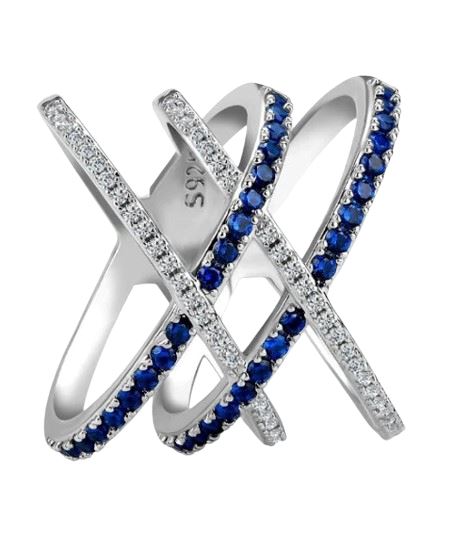 Fashion Ring 925 Silver Jewelry with Sapphire Gemstones Double Cross shaped Ring