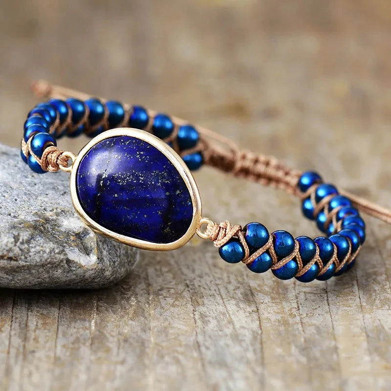 Gothic Couples Natural Stone Hematite Labradorite Beads Braided Handmade Friendship Cuff Bracelet Dropshipping Lovers JewelryLapis Blue17cm