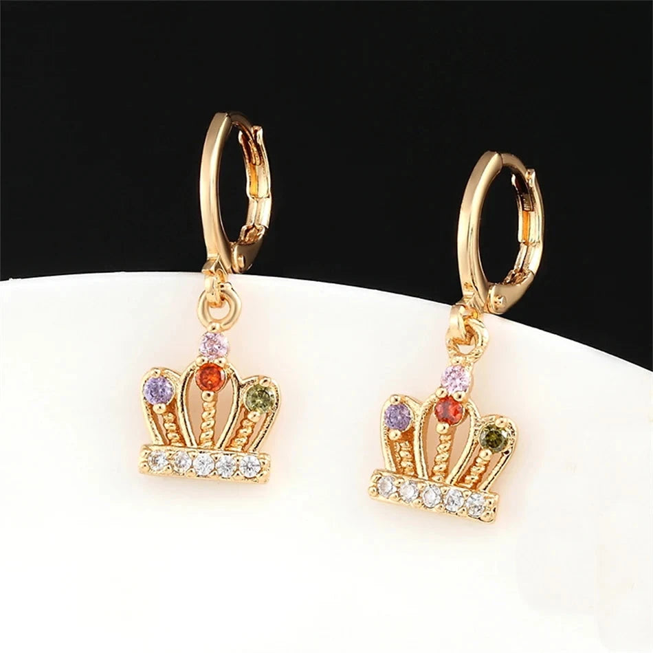 Luxury Gold Crystal Crown Drop Earrings for Women