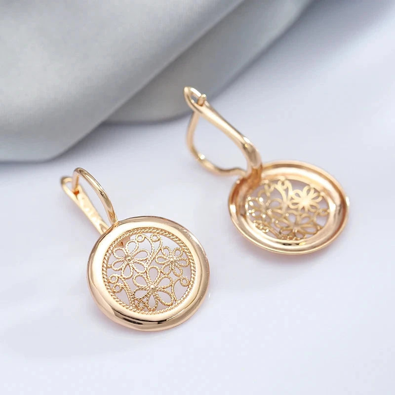 Luxury 585 Rose Gold Glossy Metal Flower Dangle Earrings for Women