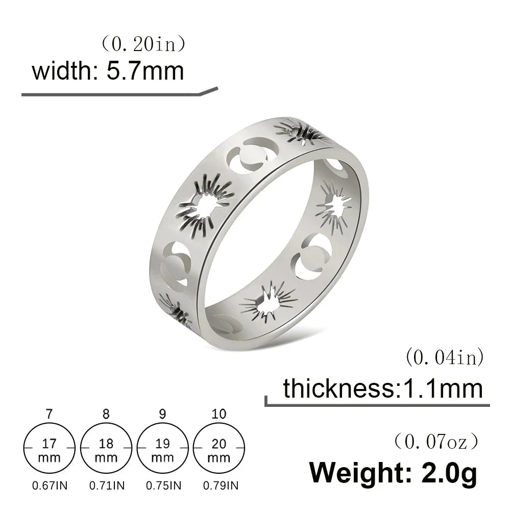 Hollow Sun Moon Ring Stainless Steel Gold Color Women RingsSilver10