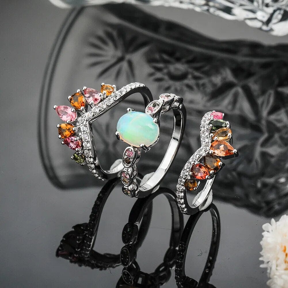 Opal Tourmaline Gems 925 Sterling Silver Three Ring SetRing