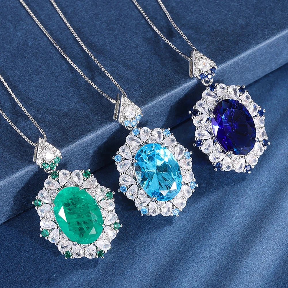 Sparkling Emerald Aquamarine Sapphire Pendant Necklace for Women Vintage Gemstone