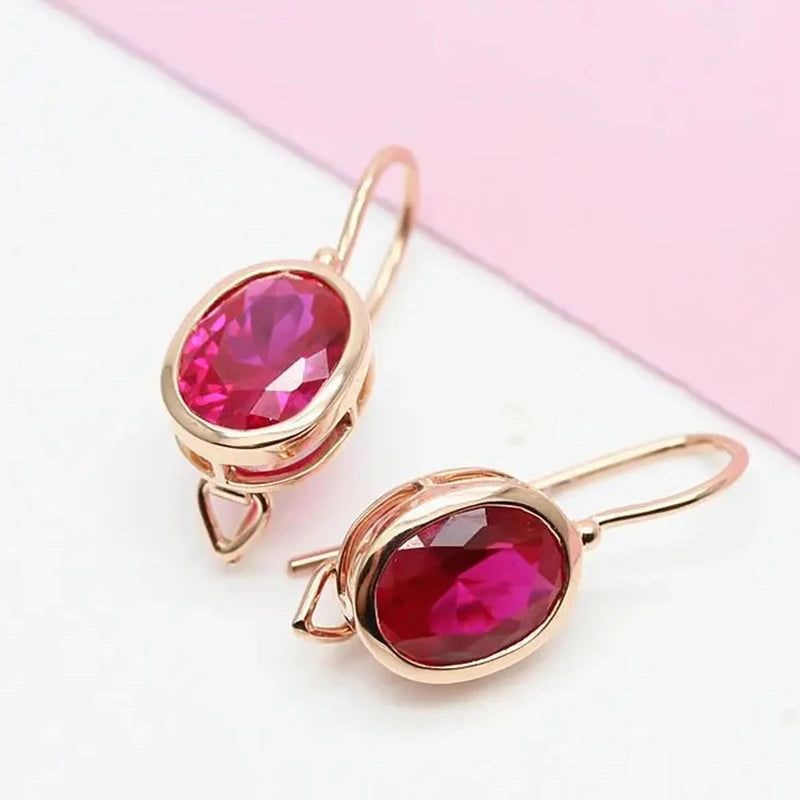 Gold plated 14K Rose gold inlaid Oval Ruby Eearrings