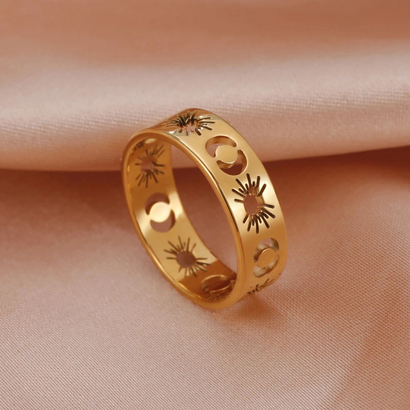 Hollow Sun Moon Ring Stainless Steel Gold Color Women Rings