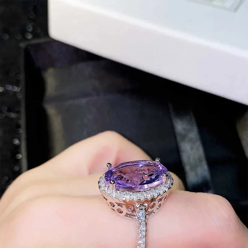 Elegant Big Oval Purple Cubic Zirconia Rings for Women