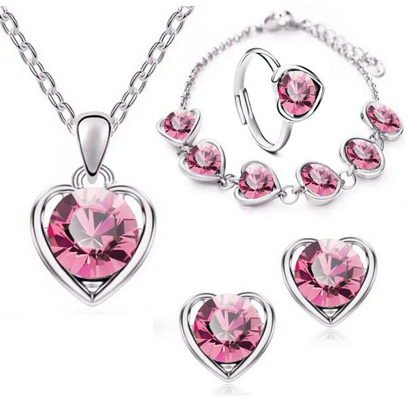 Blue Crystal Ring Necklace Earrings Set Wedding Jewelry SetsStyle2 PinkS