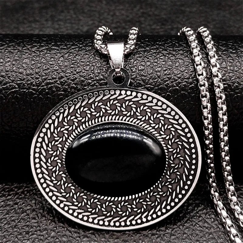 Bohemian oval stone pendant, Black stone