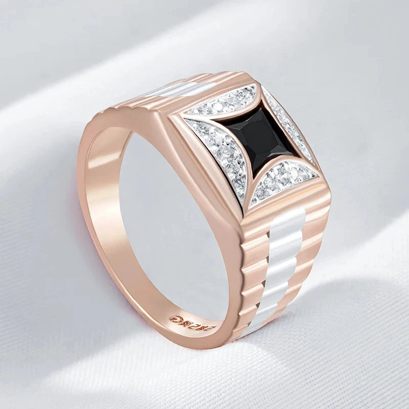 Luxury Black Natural Zircon 585 Rose Gold Silver Width Rings - Unisex
