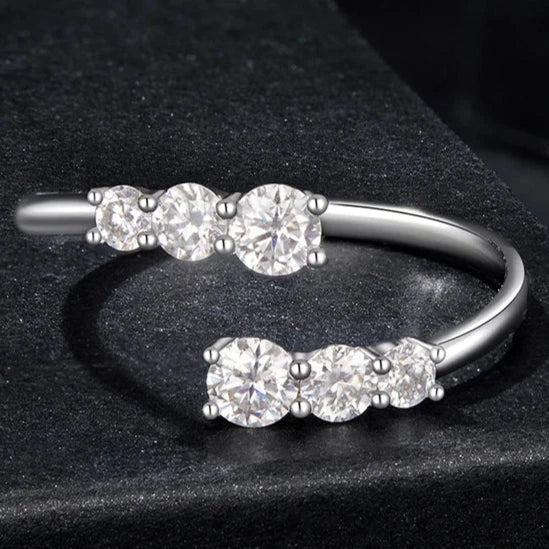Moissanite Adjustable Open Ring – 925 Sterling Silver, White Gold Plated