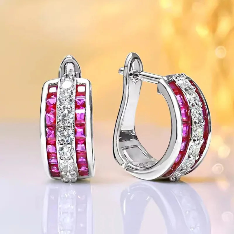 Luxury Ruby Sapphire Diamond Hoop Earring 925 SterlingRed