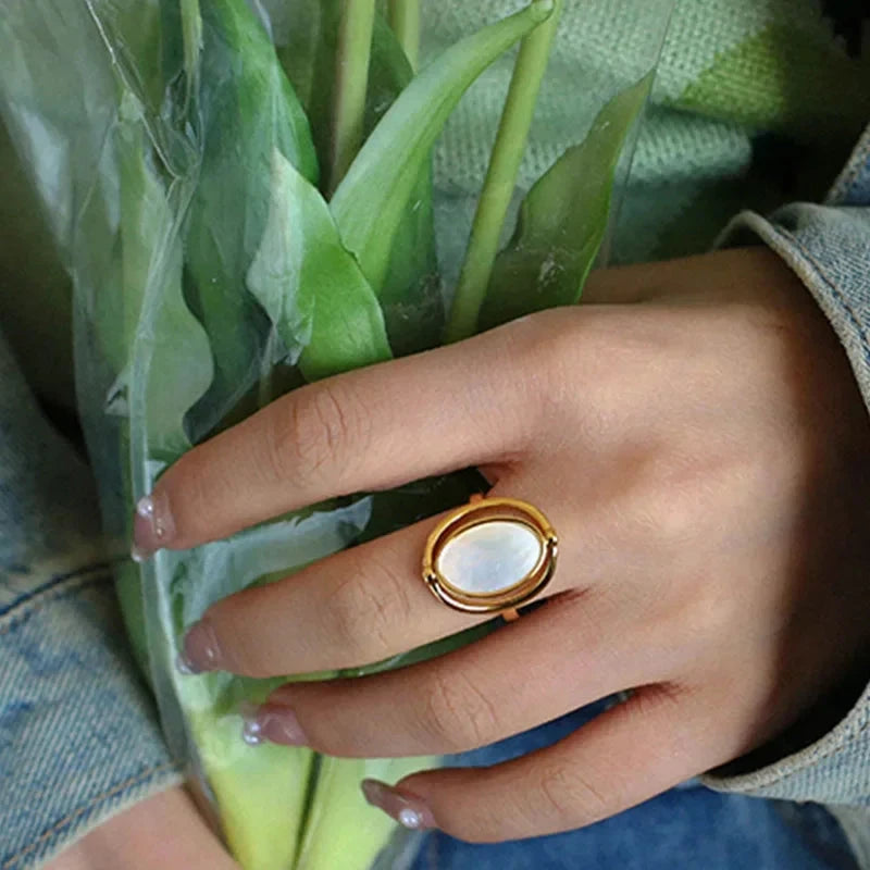 Charm Personality Rotatable Double Sided Opal Rings Women Stainless Steel Oval Anillos Indie Statement Jewelry Gifts New 2024