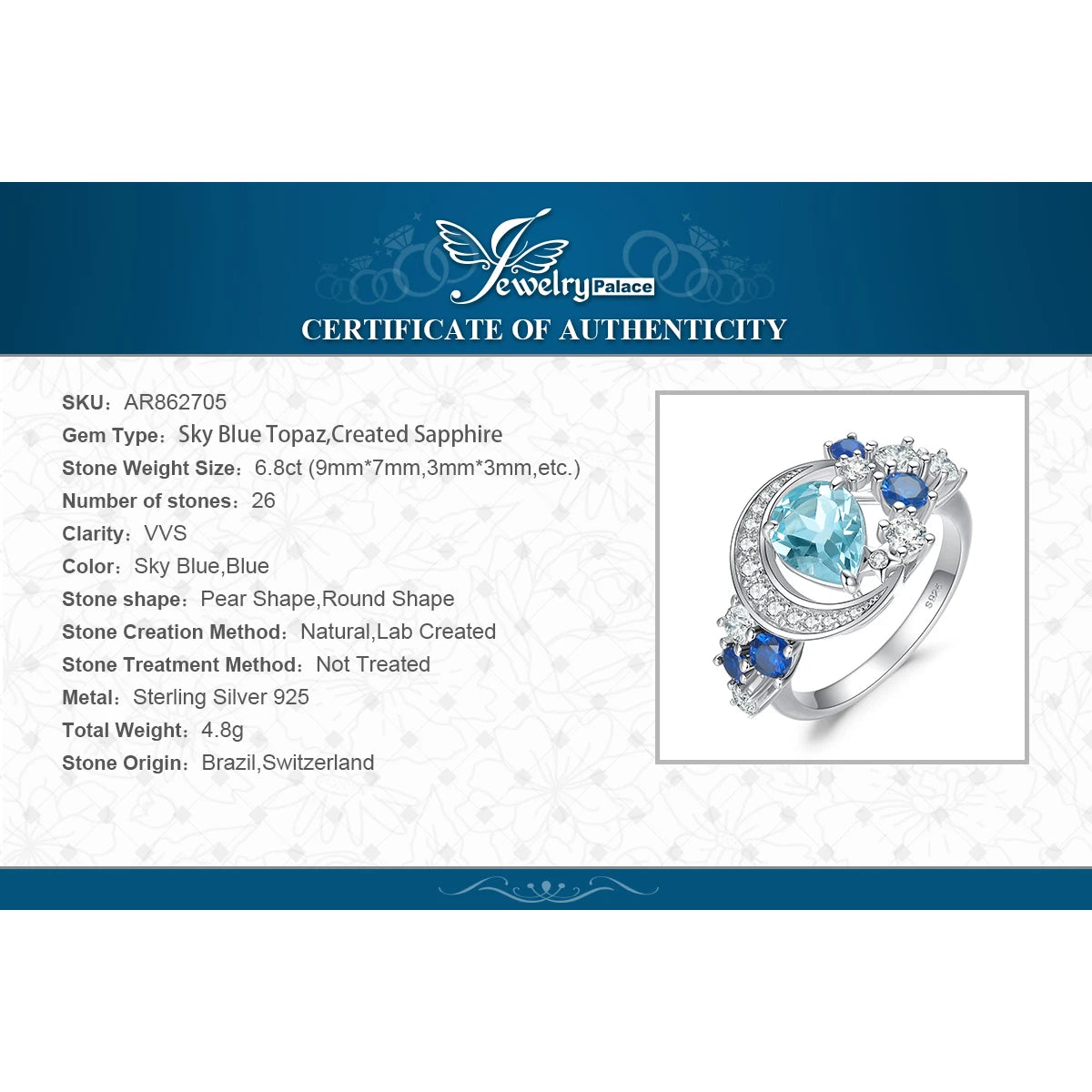 Moon Star 6.8ct Genuine Sky Blue Topaz