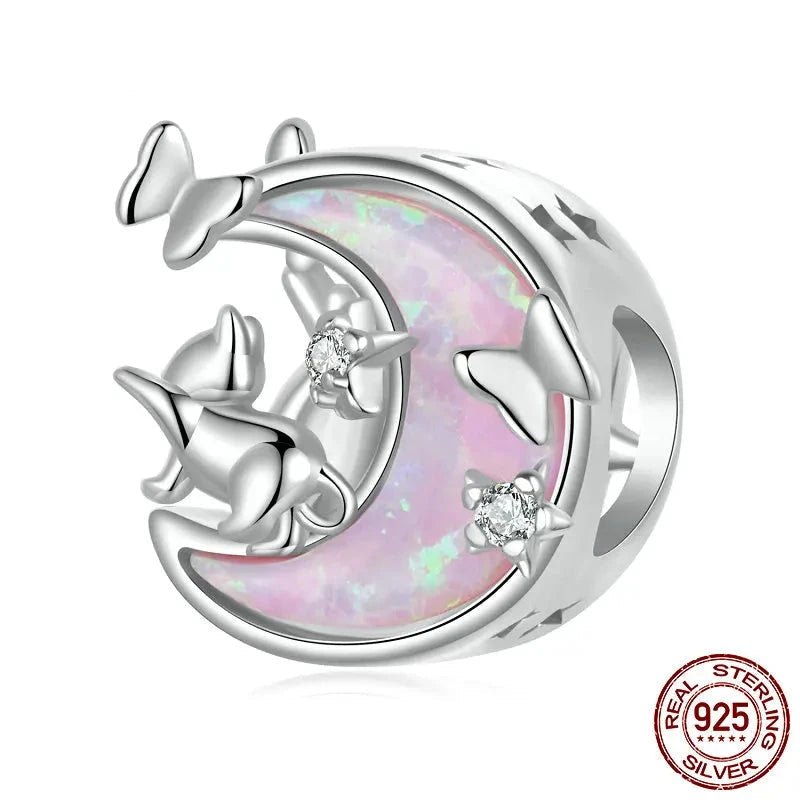 Solid 925 Sterling Silver Opal Moon Cat Charm Bead fit Charm Bracelet