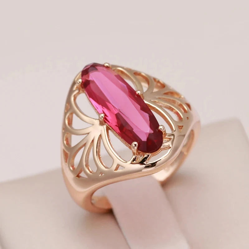 Oval Red Zircon Rose Gold Flower Ring for Women