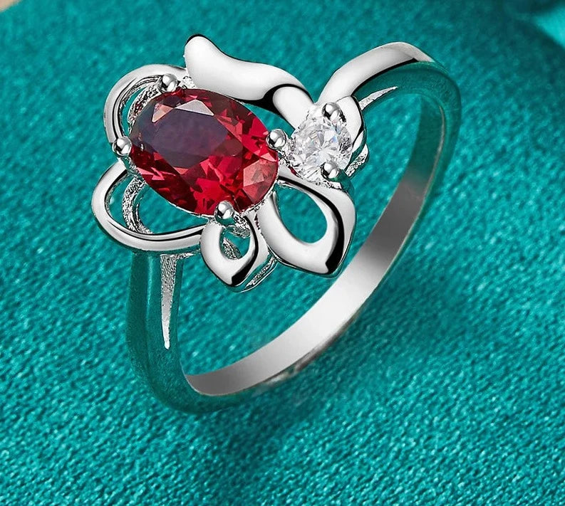 925 Sterling Silver Flower Ruby Ring For Women Wedding Engagement
