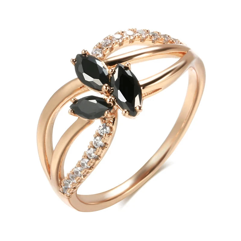Trendy Black Zircon Crystal Flower Rose Gold Ring for Women
