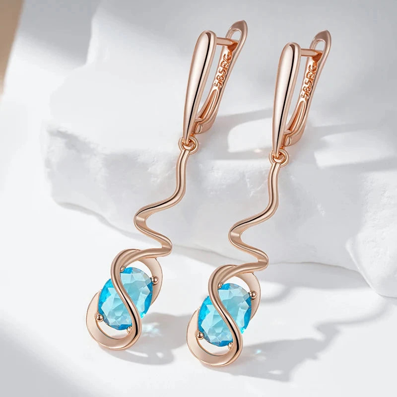 Romantic Rose Gold Blue Zircon Dangle Earrings for Women