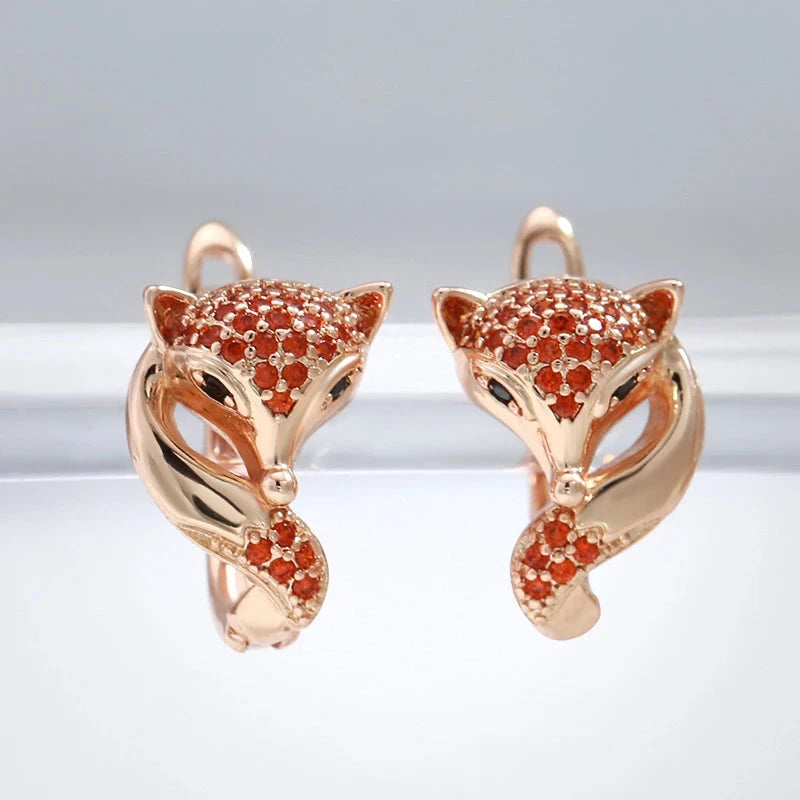 SYOUJYO Cute Red Fox Stud Earrings For Women 585 Rose Golden Natural Zircon Animal Luxury Jewelry Party Gift