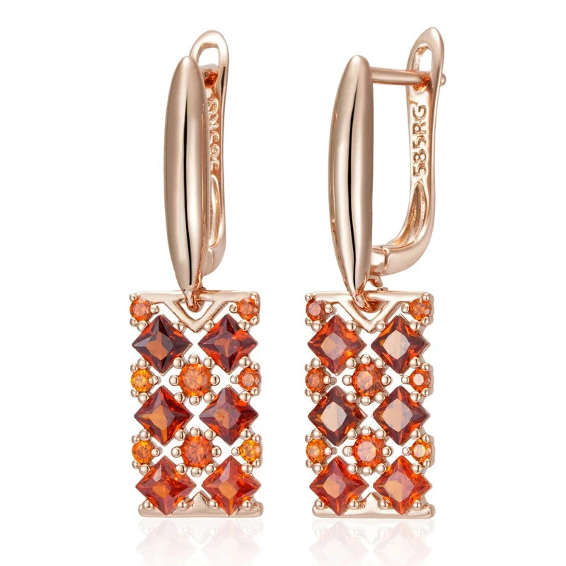 Rose Gold Red Zircon Square Drop EarringsH1776