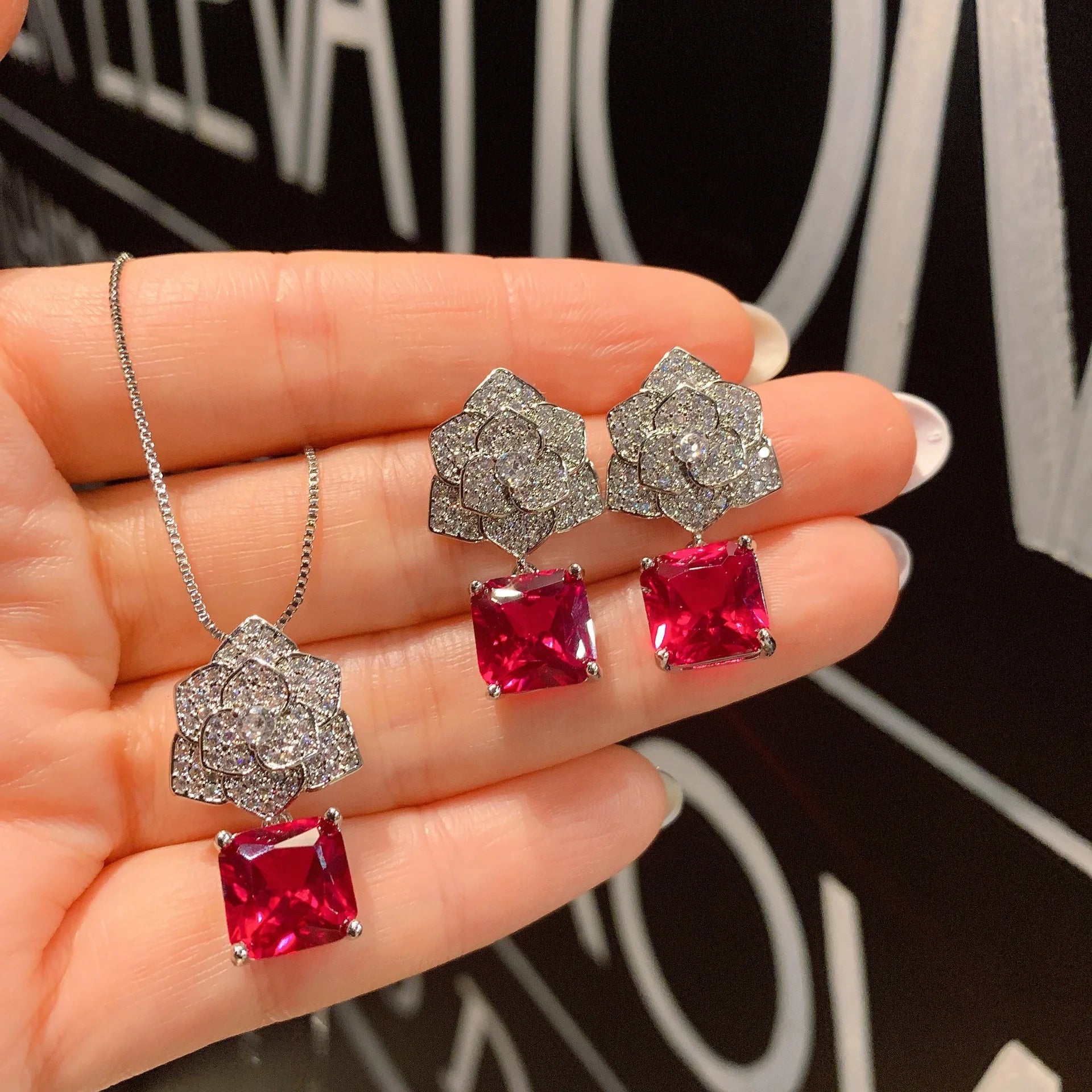 Square Ruby Gemstone Camellia Flower Necklace Earrings Pendant Jewelry Set
