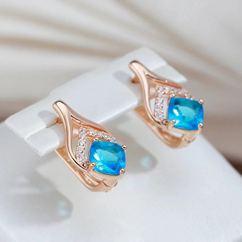 Rose Gold Square Blue Zircon Drop Earrings for Women
