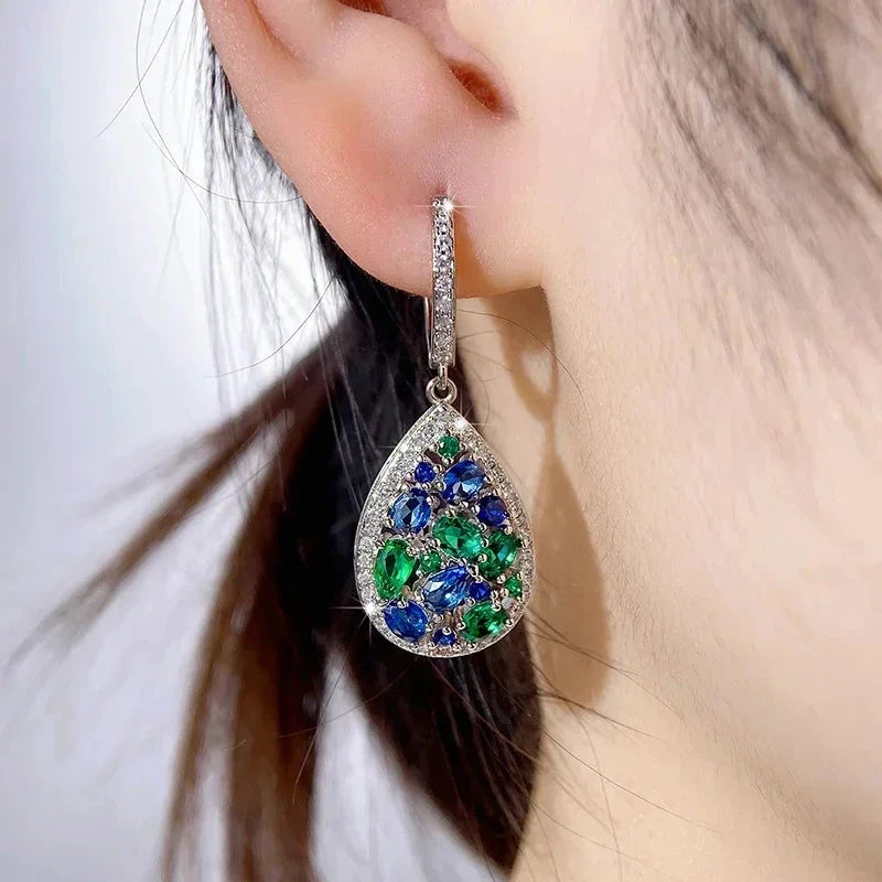 Blue-Green Cubic Zirconia Drop Earrings for Women