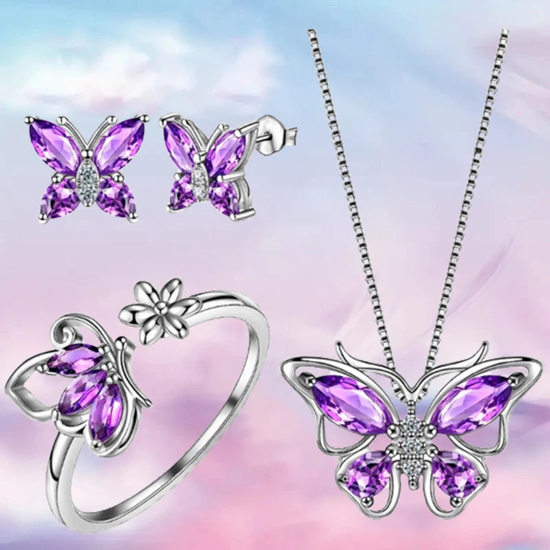 Butterfly Jewelry Set for Women Butterflies Amethyst BirthstoneSilver Plated