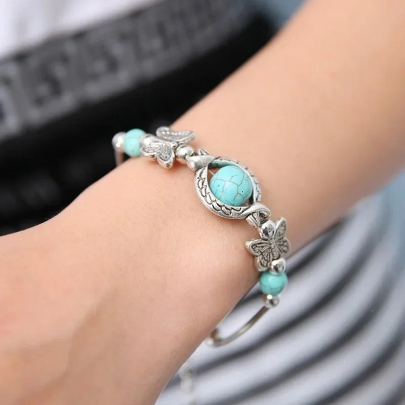 Delysia King 2021 Trendy Women Butterfly Bracelet Carved Pattern Personality Beaded Turquoise Hand Chain