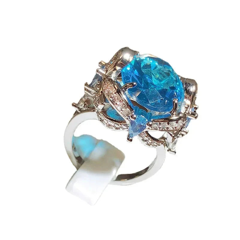 Light Blue Round Zircon Flower Rings for Women