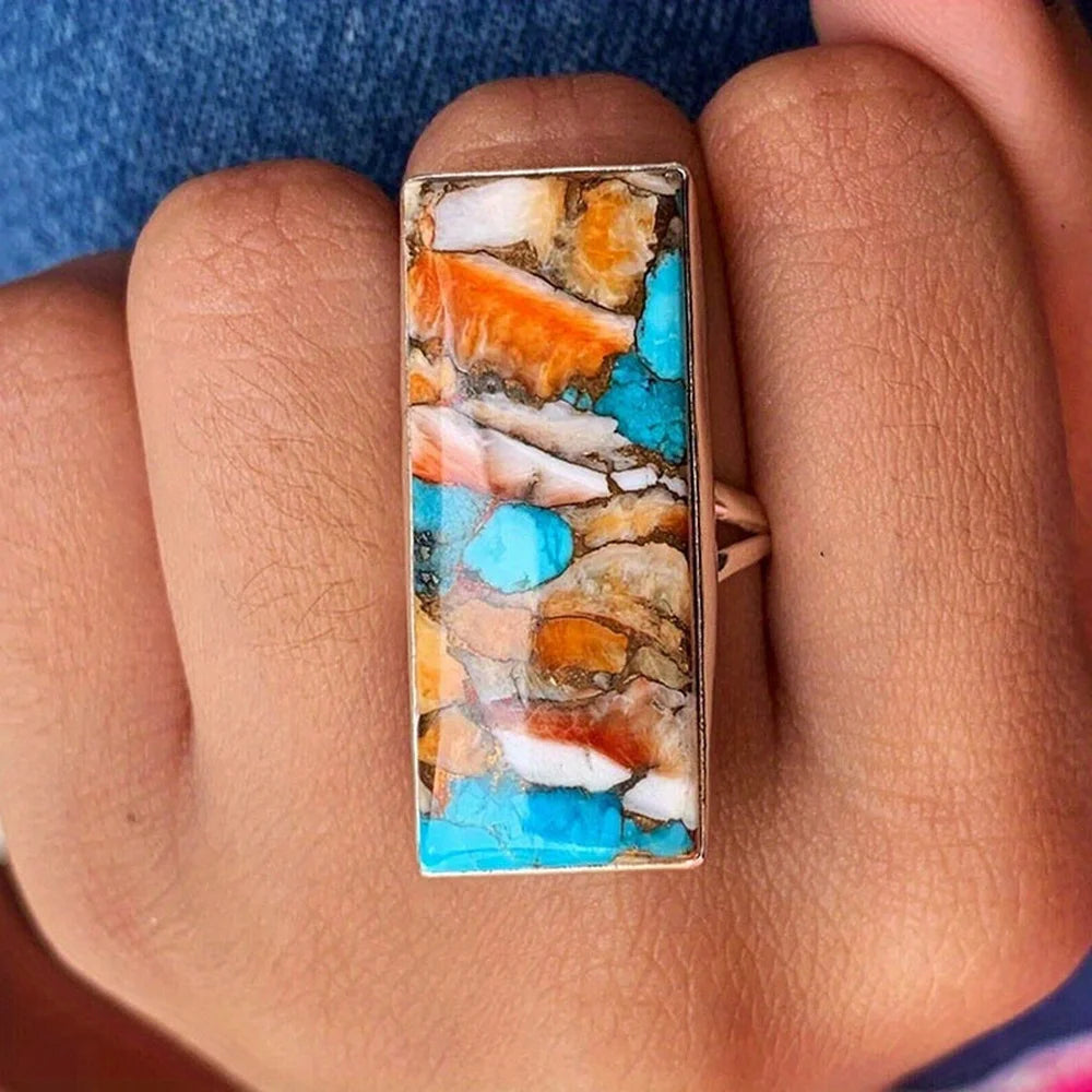 Exquisite Bohemian Retro Rectangles Turquoise Ring