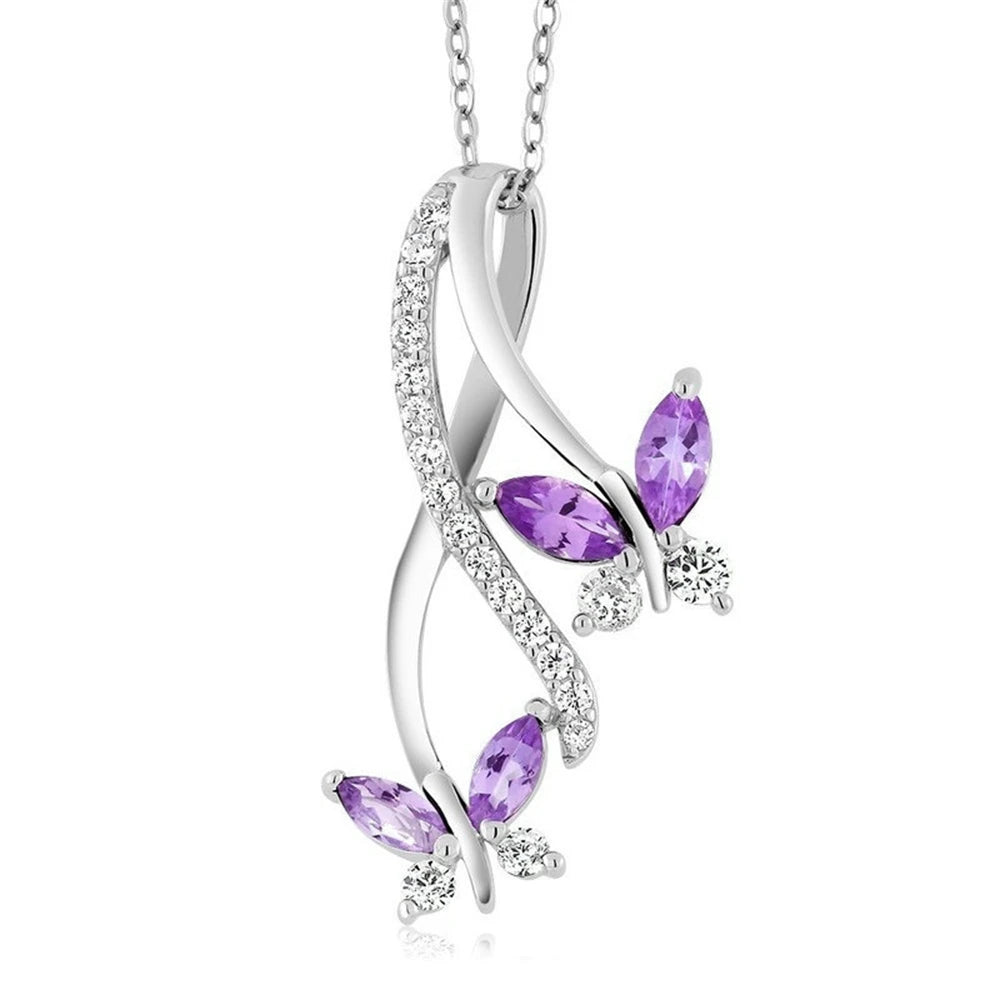 Butterfly 6 Color Gemstone Pendant Necklacepurple