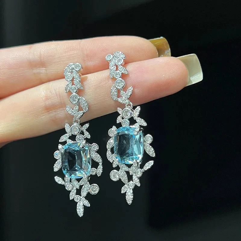 2023 Women Fashionable Blue Zircon Inlaid Diamond Aquamarine Earrings