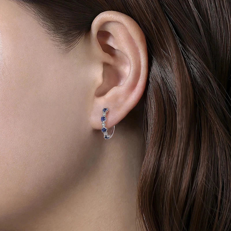 Simple Stylish Round Blue/White CZ Hoop Earrings