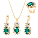 3Pcs Silver Oval Cut Cubic Zirconia Necklace Earrings Rings SetGreen