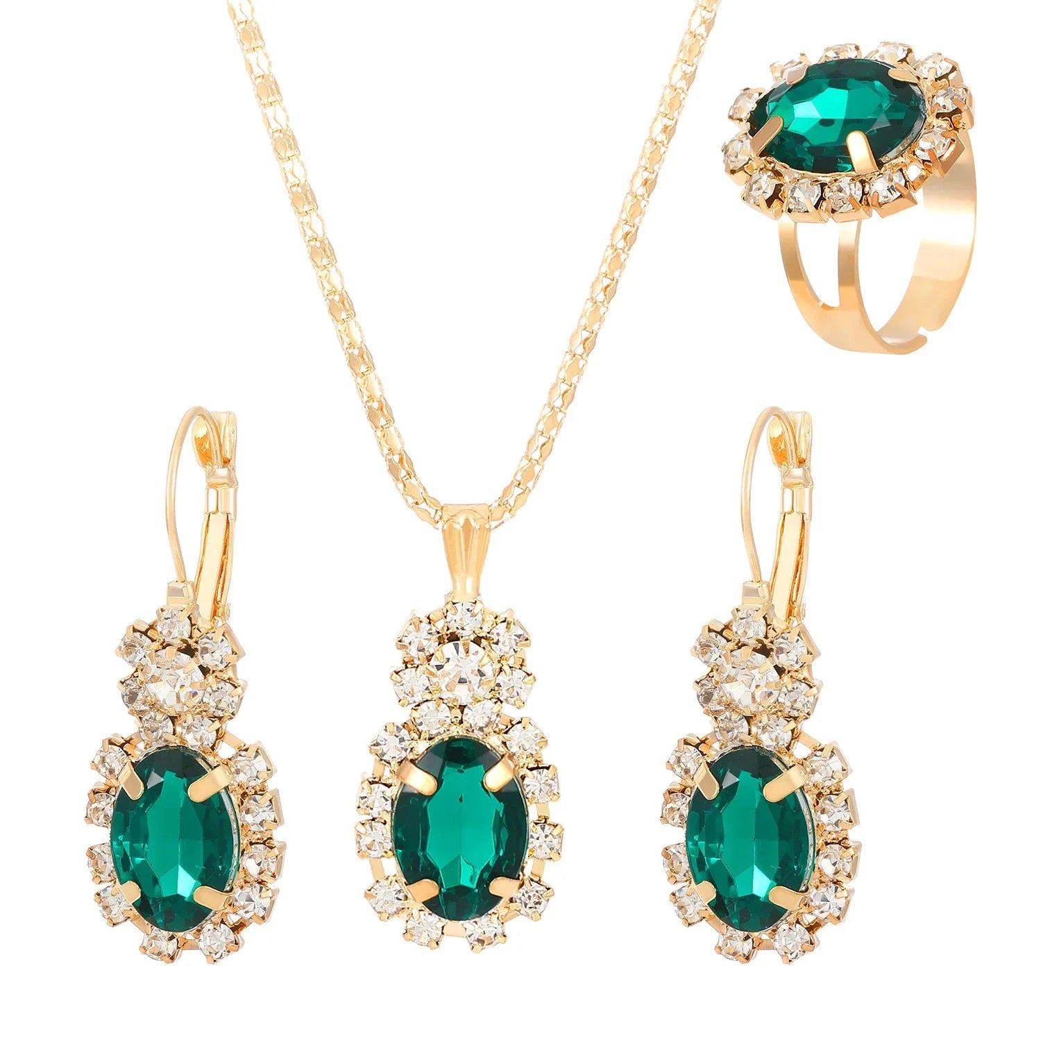 3Pcs Silver Oval Cut Cubic Zirconia Necklace Earrings Rings SetGreen