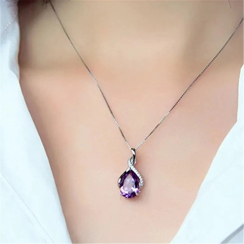 925 Sterling Silver Stone Pendant Chain Natural Amethyst & Aquamarine Necklace for Woman Girl Fashion Fine Jewelry Chain