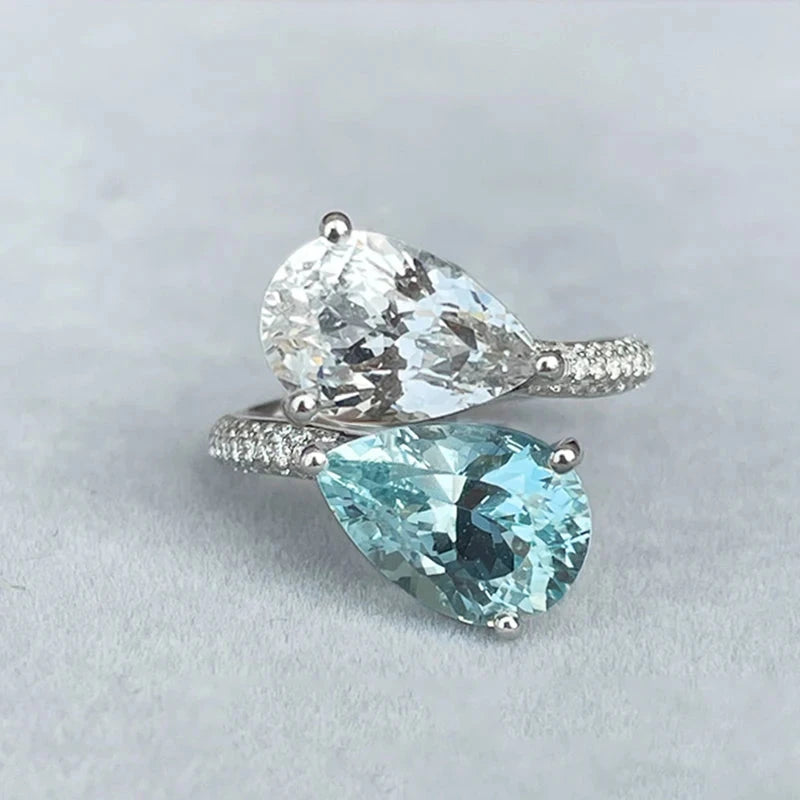 Aquamarines two-tone gem Water Drop Engagement RingBlueresizable