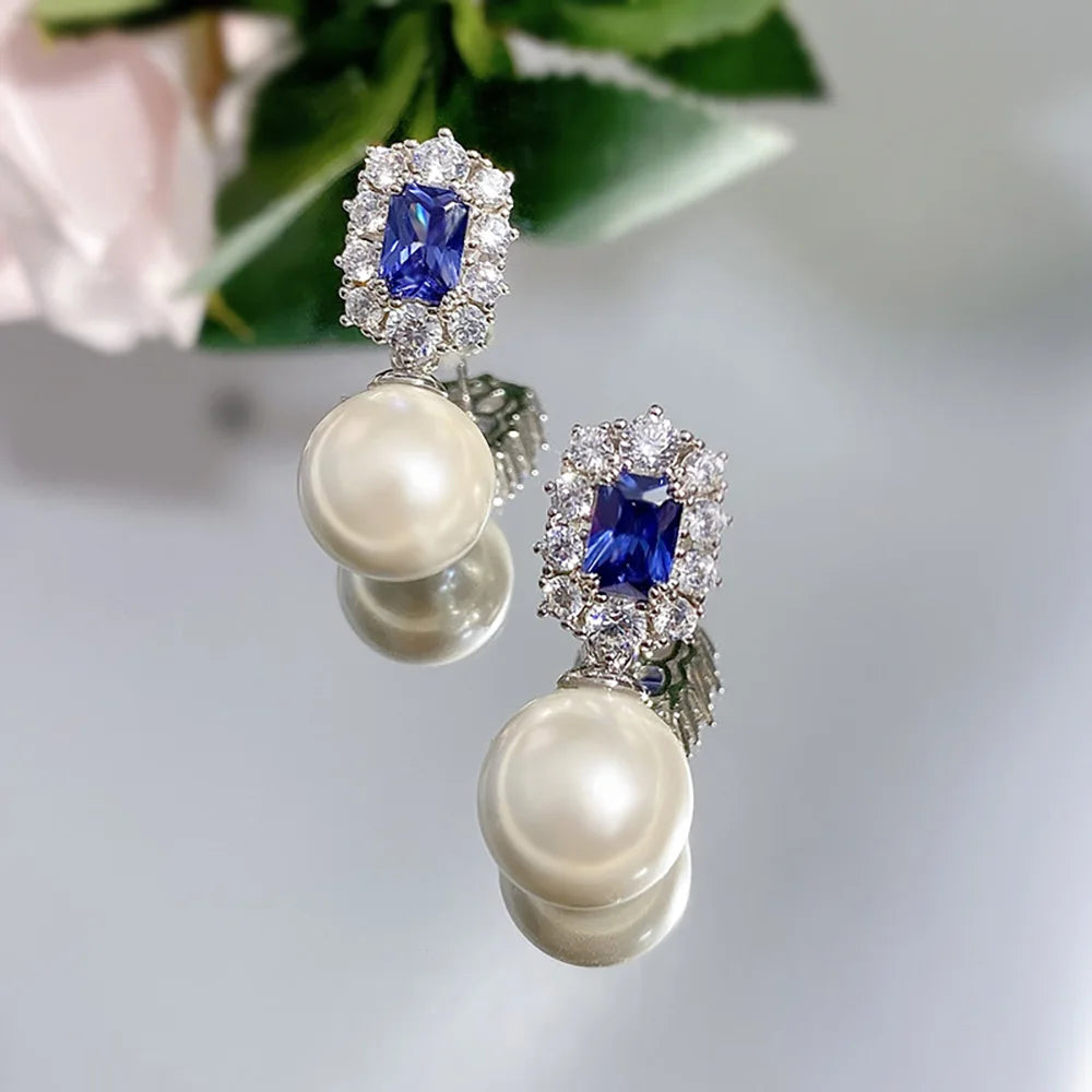 Vintage Noble 100% 925 Real Silver 12mm Pearl Sapphire Drop Earrings for Women