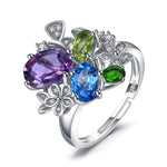 JewelryPalace Flower Natural Amethyst Blue Topaz Peridot Chrome Diopside Open Adjustable Cocktail Ring 925 Sterling Silver Women0