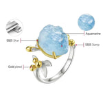 Lotus 18K Gold Natural Aquamarine Gemstone Flower Adjustable Rings