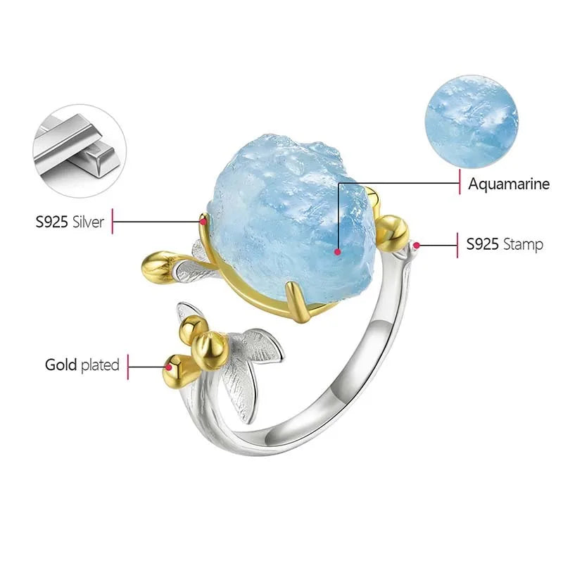 Lotus 18K Gold Natural Aquamarine Gemstone Flower Adjustable Rings