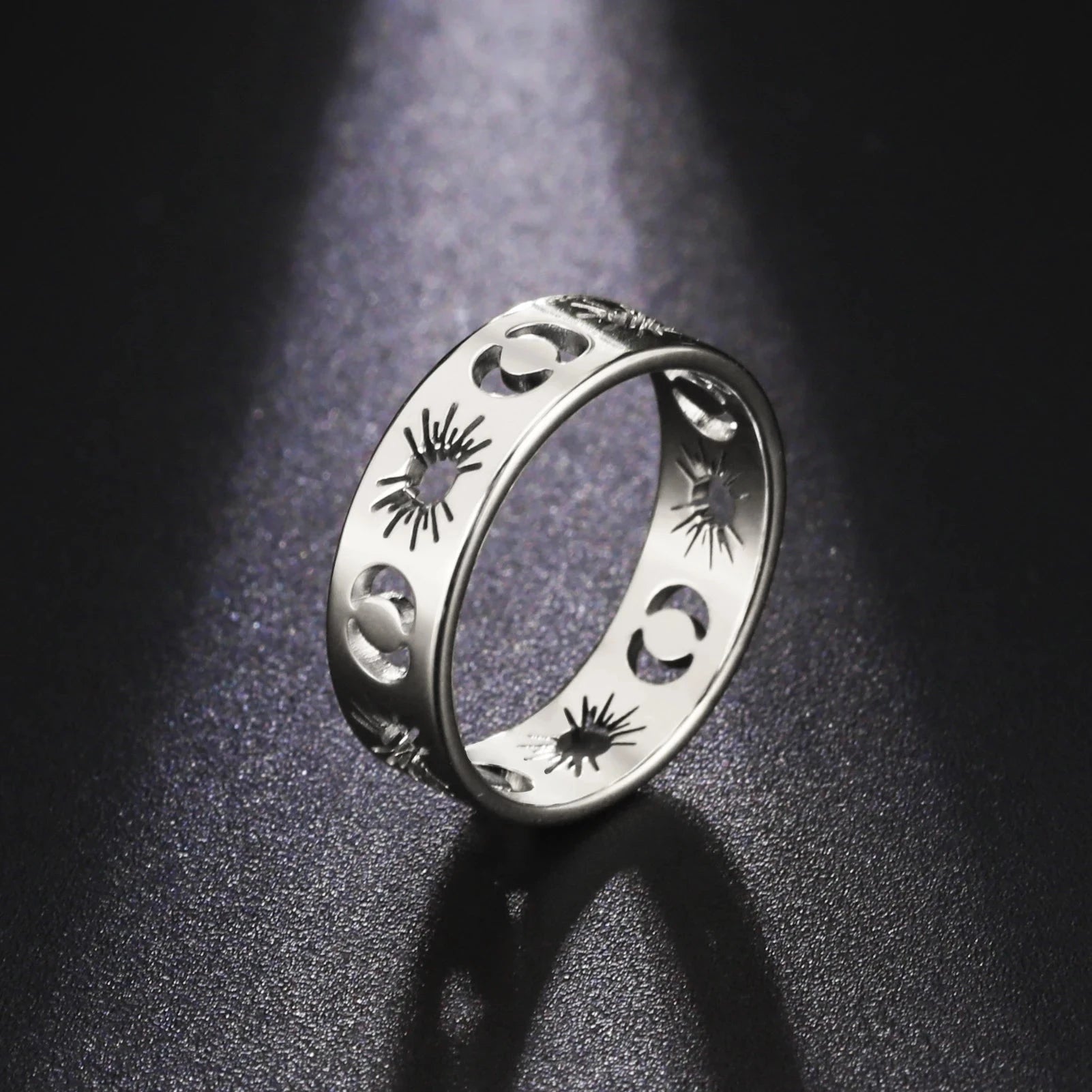 Hollow Sun Moon Ring Stainless Steel Gold Color Women Rings