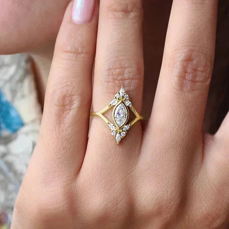 Geometric Shaped Gold Color Cubic Zirconia Ring