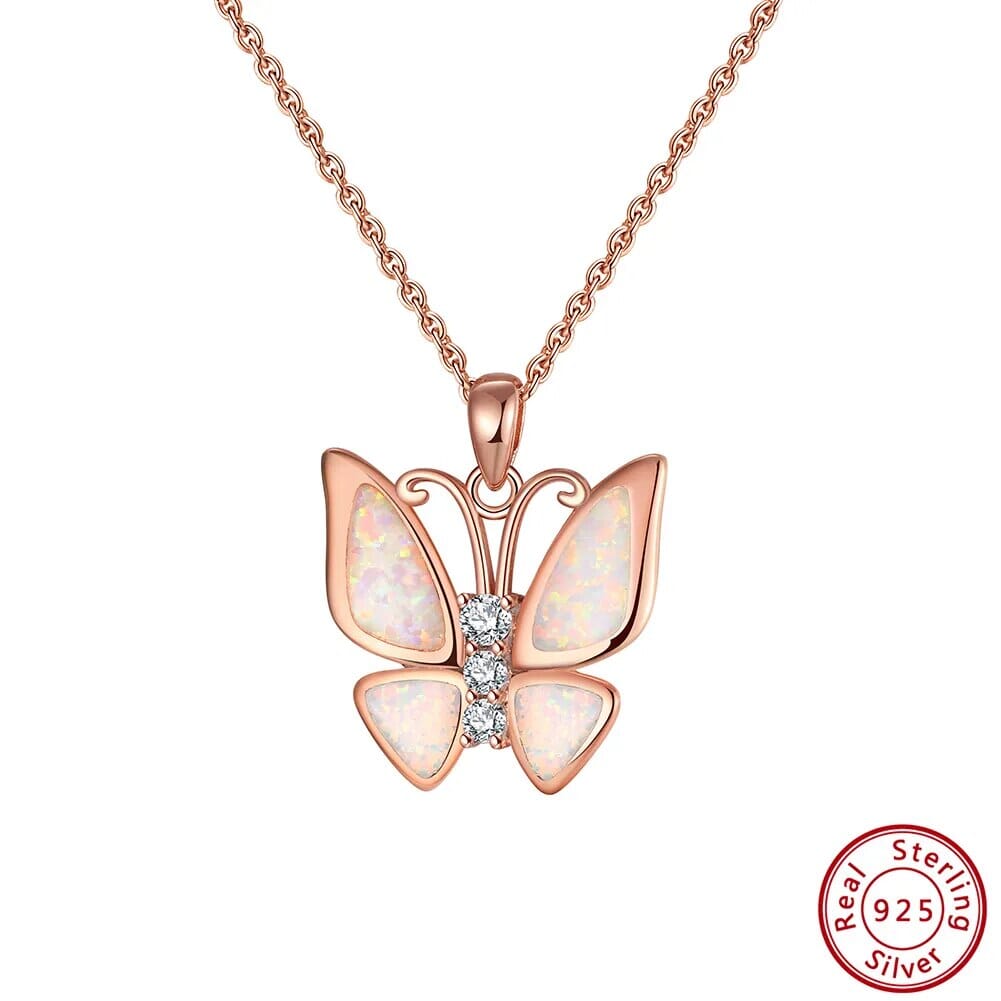 Fire Opal Butterfly Pendant 925 Sterling Silver NecklaceNecklacePink