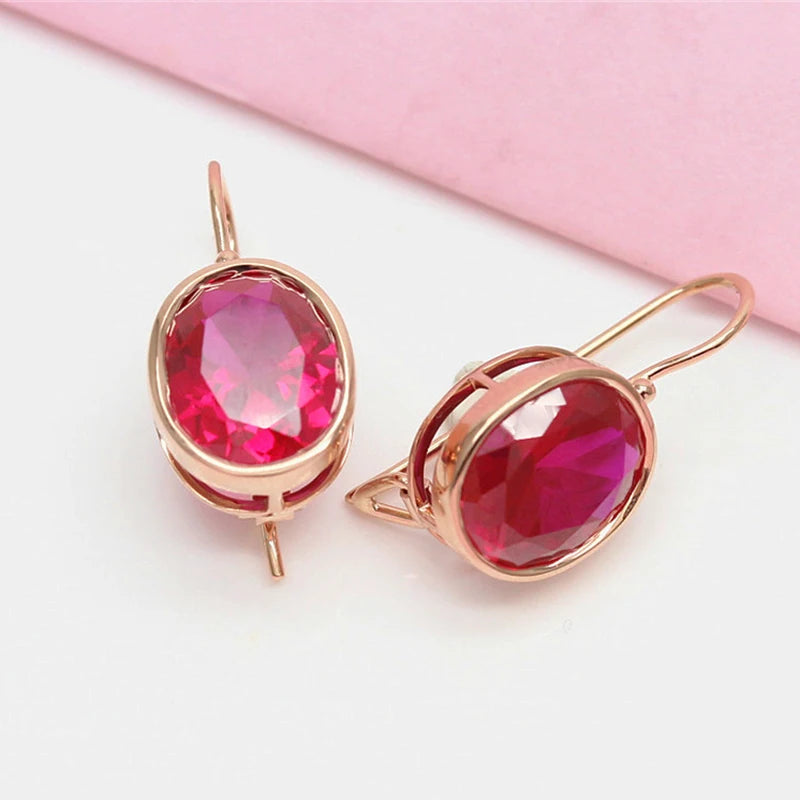 Gold plated 14K Rose gold inlaid Oval Ruby Eearrings