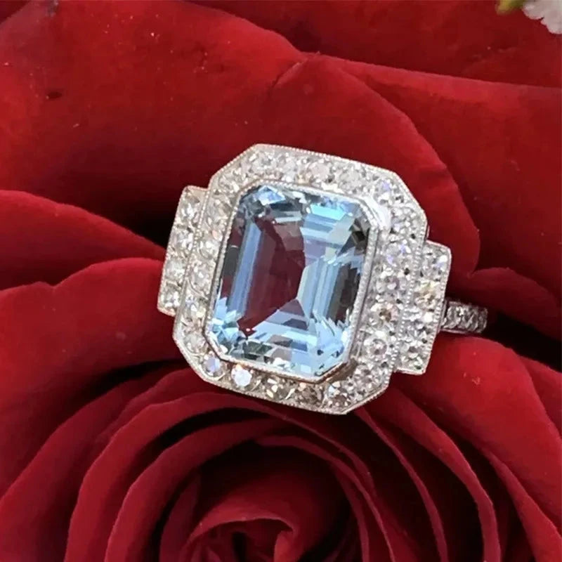 Luxury 925 Silver Square Sea Blue Zircon Ring